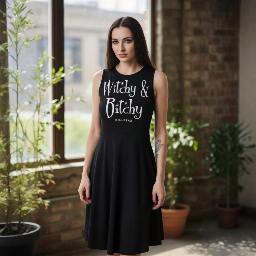 Killstar ✦ Witchy & Bitchy Skater Dress ✦ Black Button-Back Soft Jersey M NWT